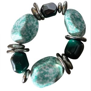 Green Mixed Bead Stretch Bracelet with Silver Accents